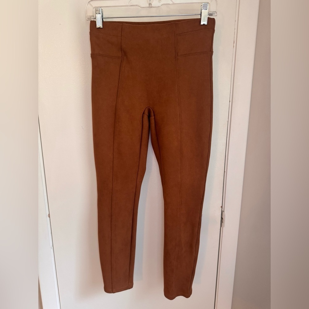 Spanx Faux Suede Leggings Rich Caramel Brown High Waisted Shaping Pants S Petite - Picture 3 of 9